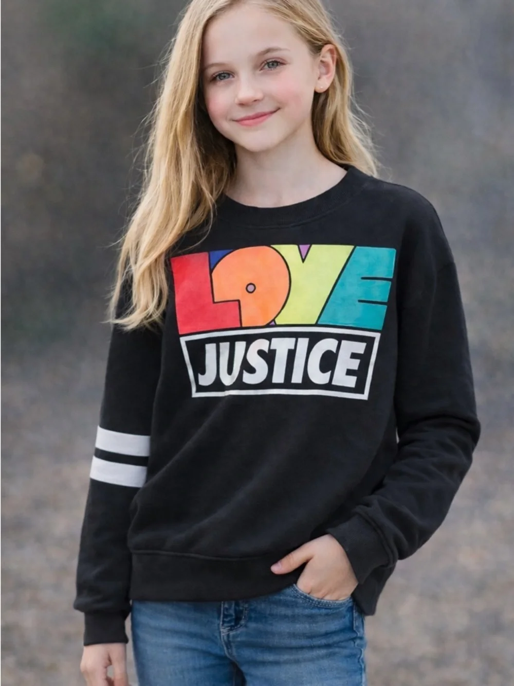 Justice Girls Sweater Black Rainbow LOVE Graphic Cozy Pullover